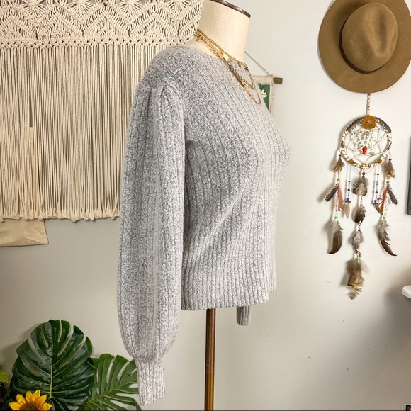 Marled Balloon Sleeve Grey Knit Sweater Size Medium - Picture 3 of 12